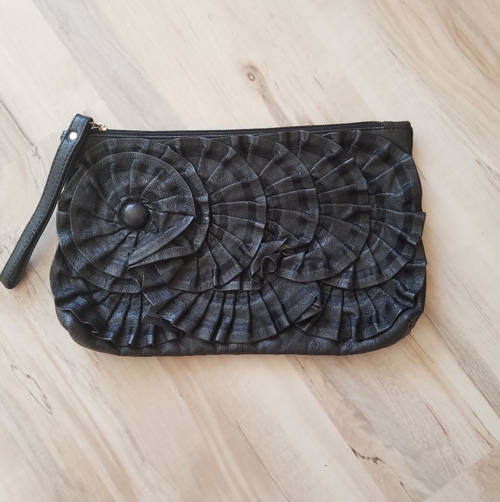 Black Leather clutch with flower detail